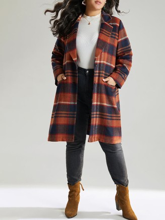 Brown ladies elegant plaid trench coat tweed coat